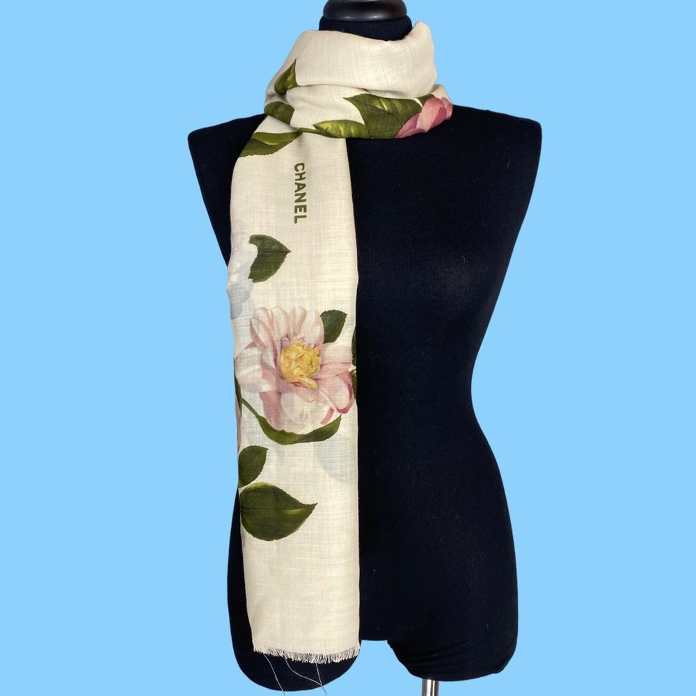 Vintage Chanel Cashmere Silk Camellia Raw Edge Shawl